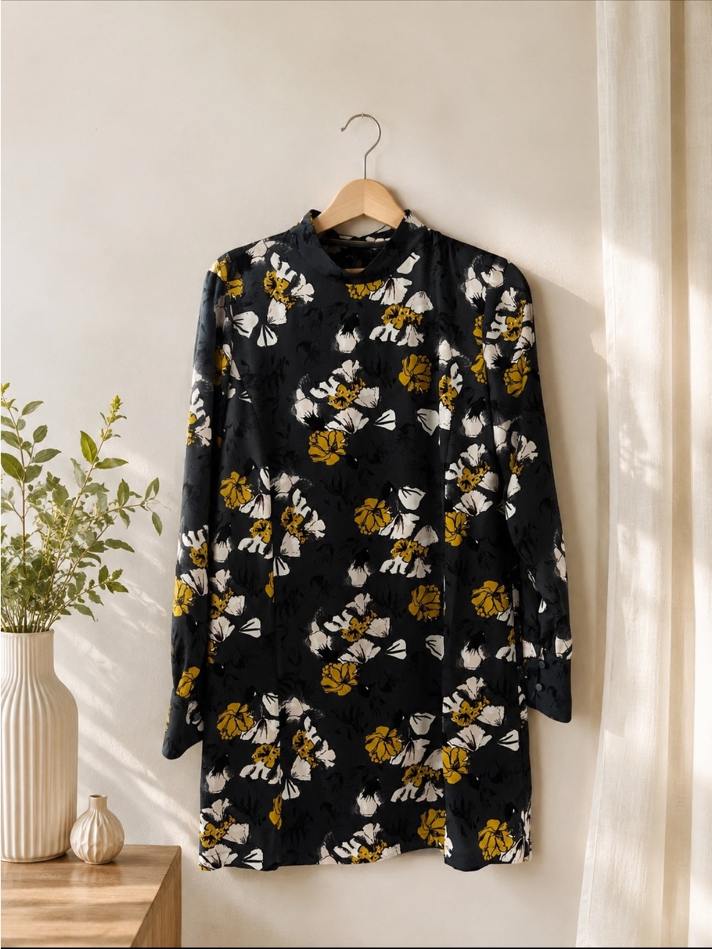 Black Floral Long-Sleeve Shift Dress - Yellow & White Bloom 
Machine wash